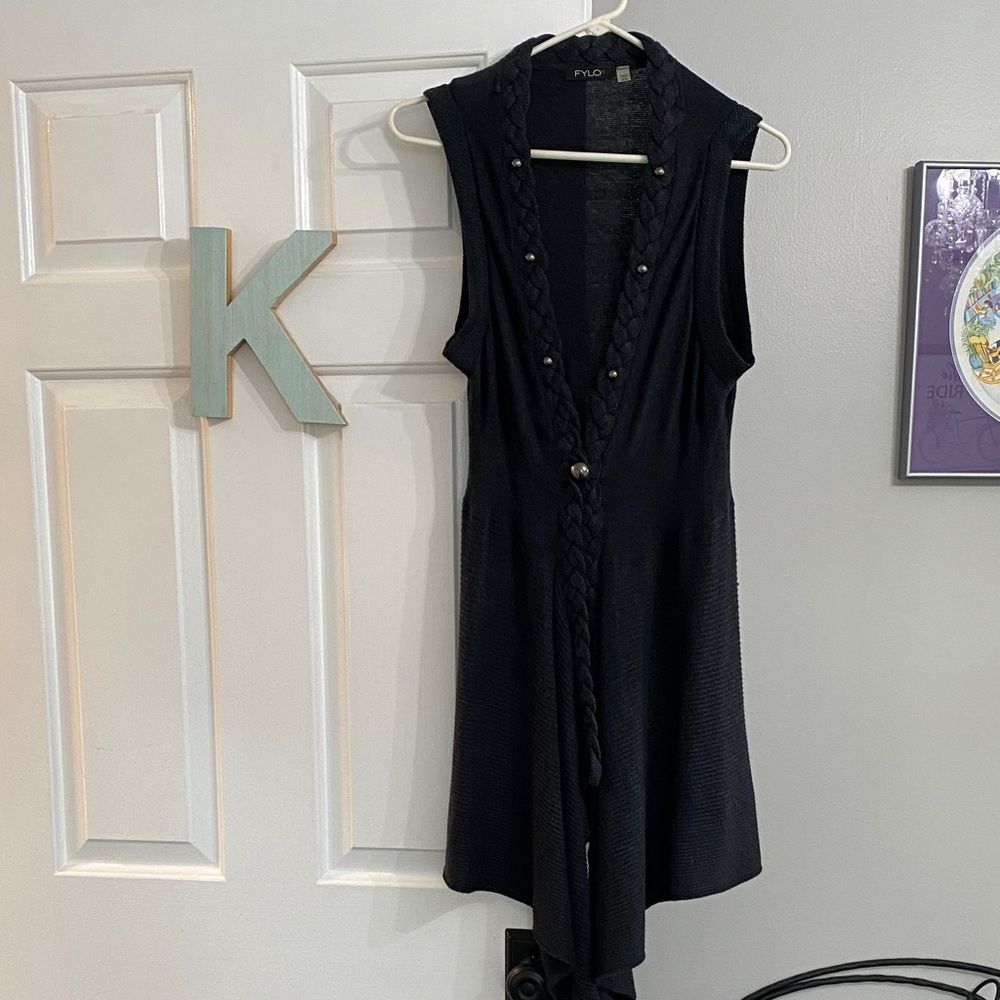 FYLO Charcoal Long Knit Vest w/Optional Button Closure and Decorative Buttons